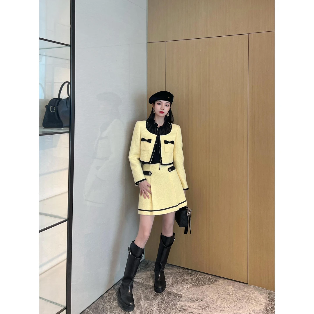 NancyCavally专柜款羊毛肌理粗花呢 俏皮撞色织带镶边小香套装女