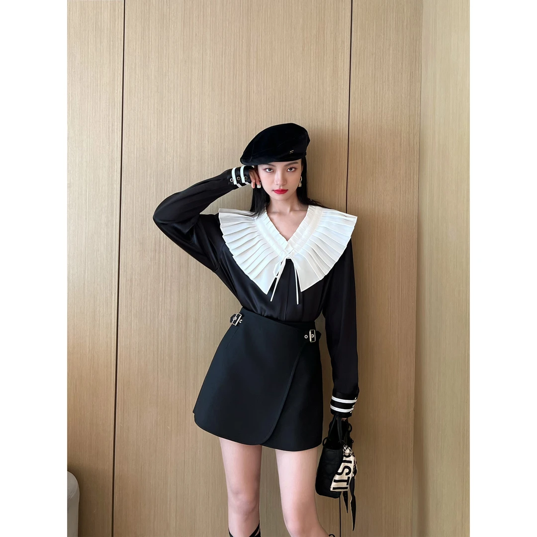 NancyCavally 重磅6A级16MM微光泽素绉缎 可拆卸压褶披肩时尚衬衫