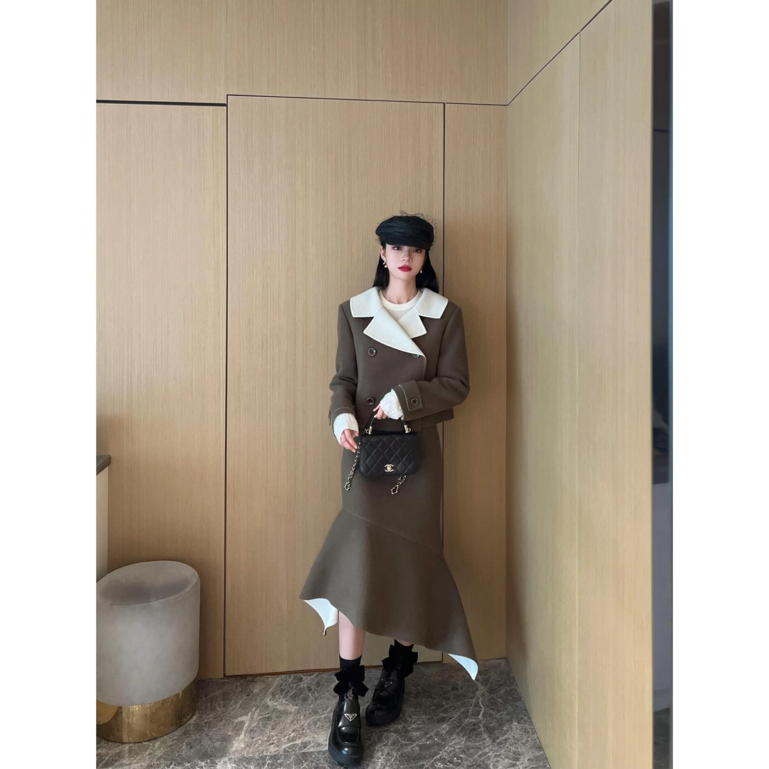 NancyCavally重磅90支美利奴澳毛双色双面呢外套/鱼尾半长裙套装