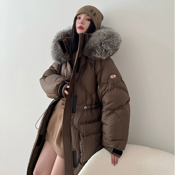 NancyCavally 专柜款微光感95白鹅绒银狐大毛领长/短款保暖羽绒服