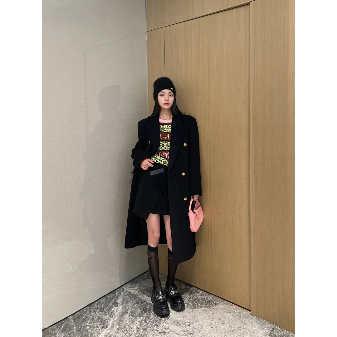 NancyCavally高克重羊毛 复古高级不规则开叉下摆A字毛呢半身短裙