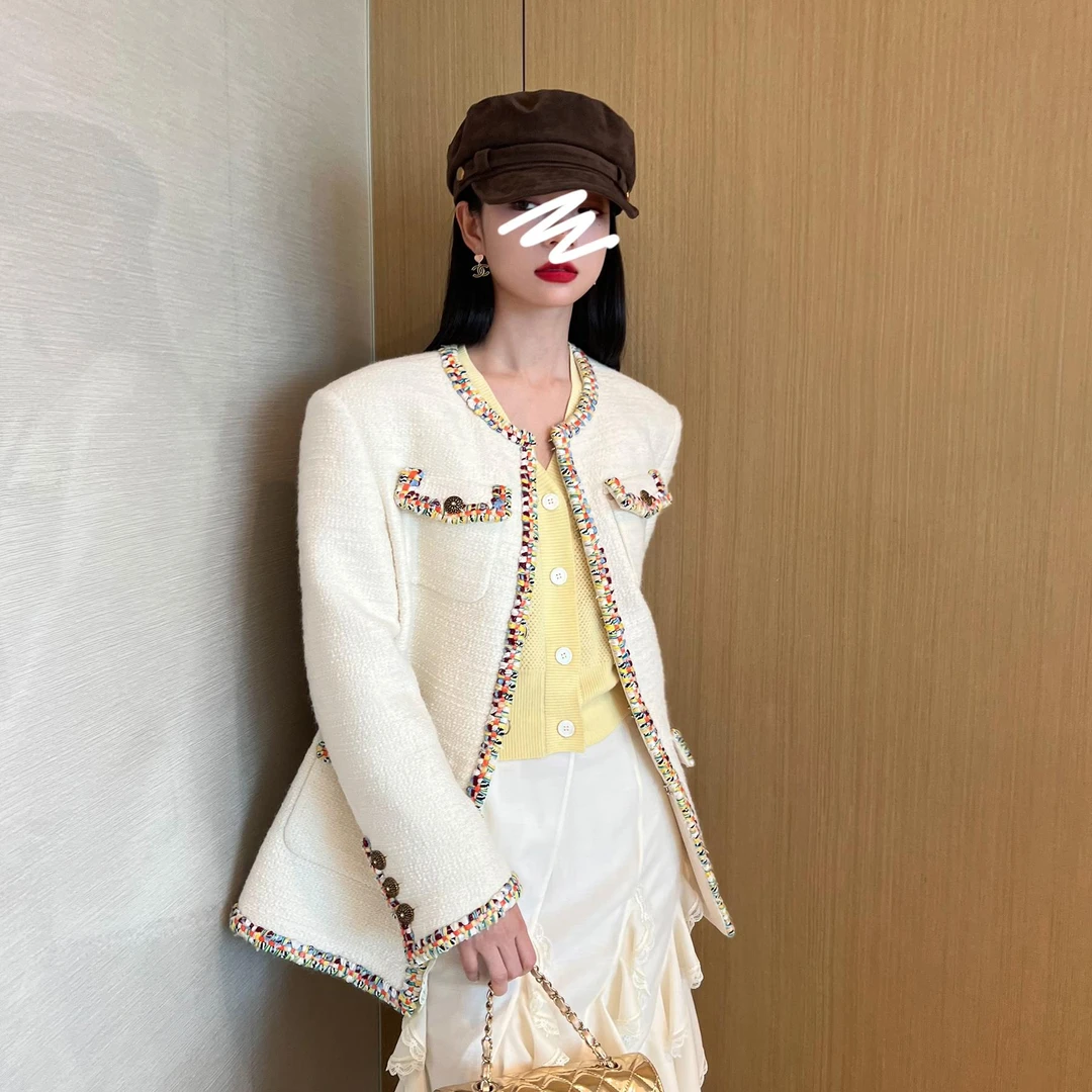 NancyCavally专柜款云朵感珍珠粗花呢 幻彩织带镶边廓形小香外套