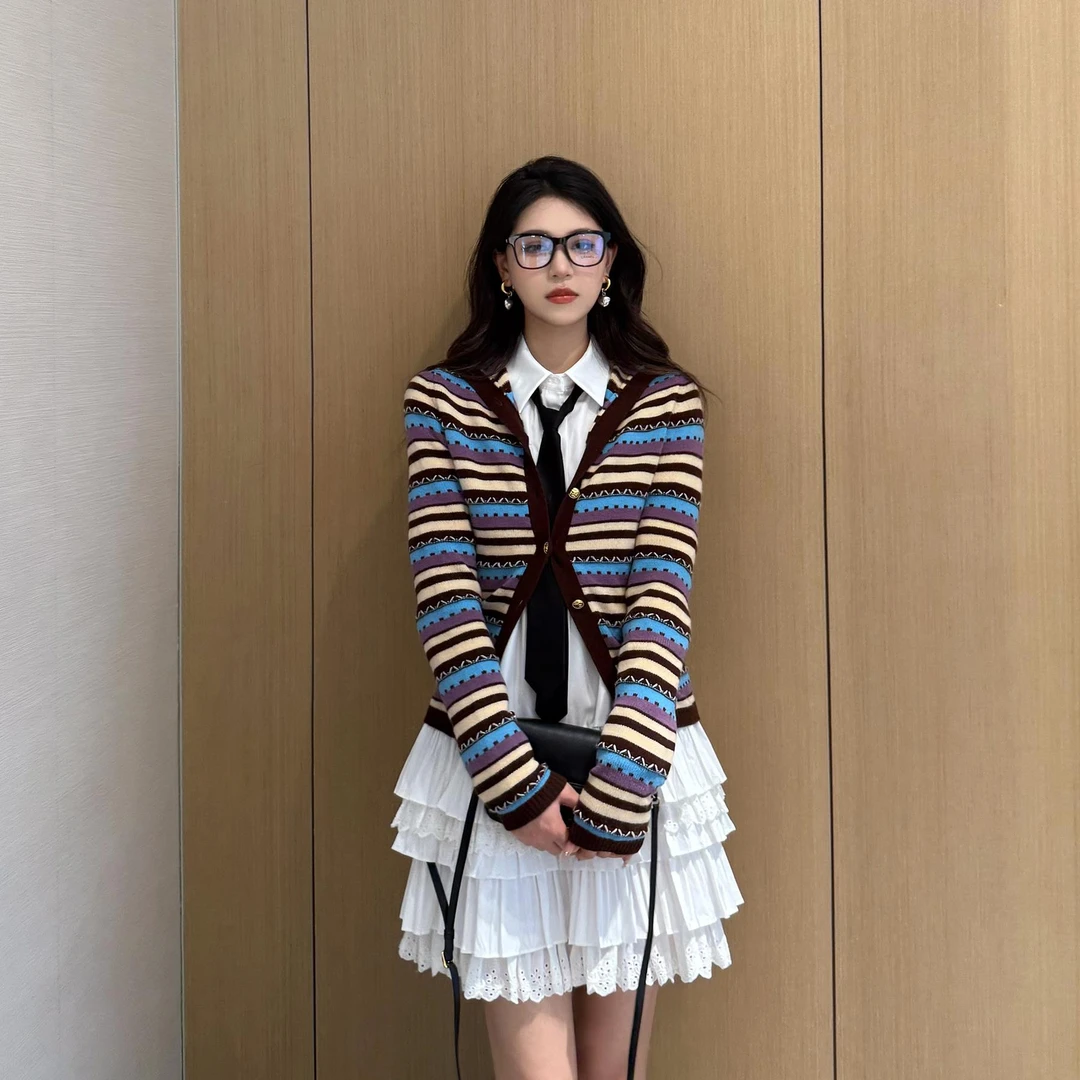 NancyCavally专柜款松软云柔舒适 多穿造型领彩色条纹针织开衫女