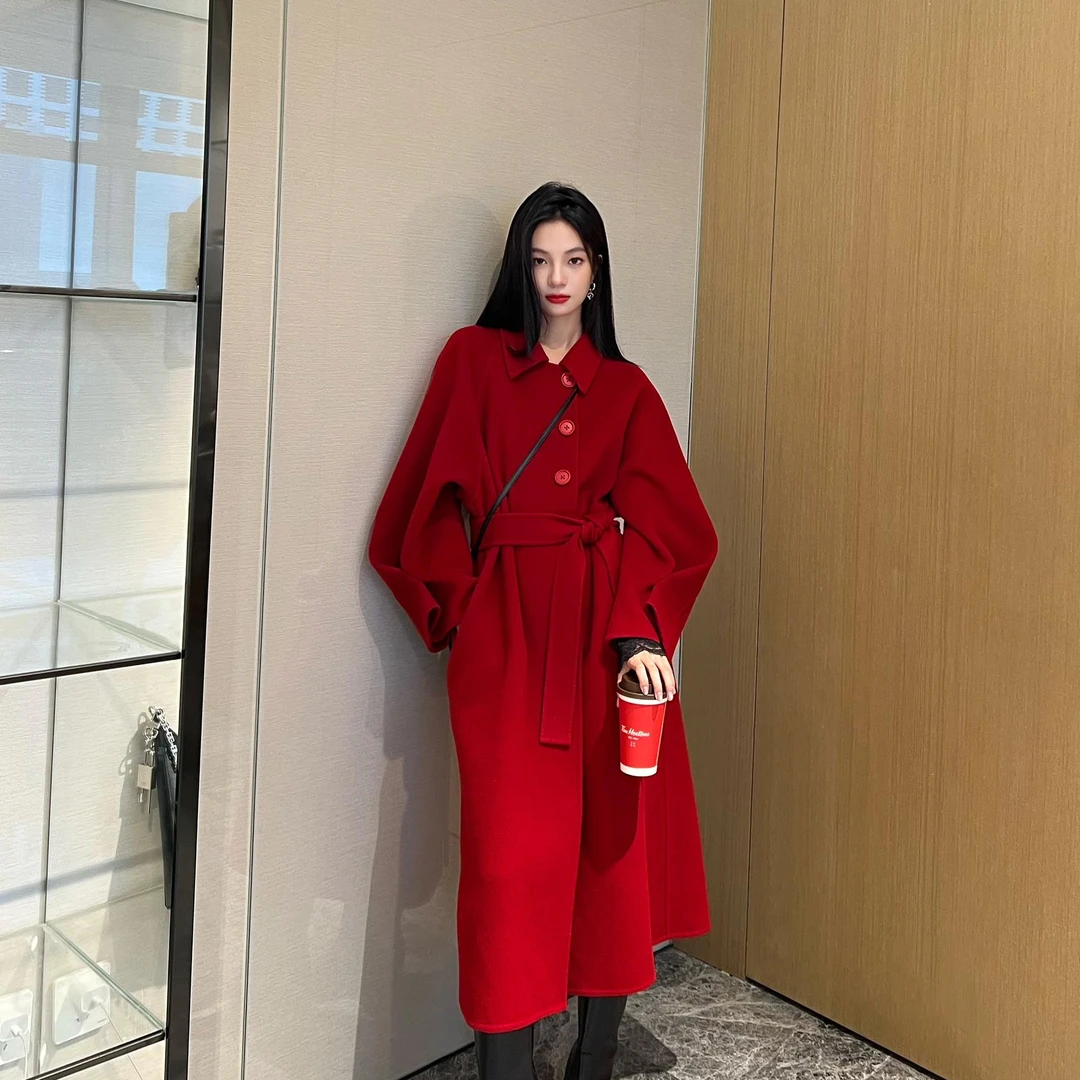 NancyCavally 专柜款110S澳毛双面顺毛呢 空气感廓形长款毛呢大衣