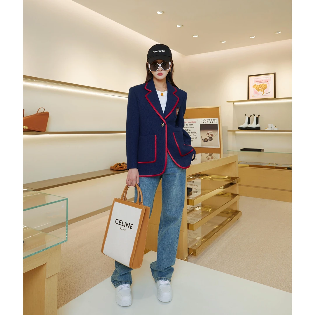 NancyCavally韩剧女主编织感小方格拼接 设计感时尚撞色西装外套