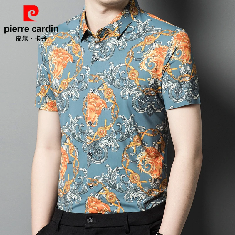 皮尔卡丹2024夏季装男士冰丝衬衫商务休闲百搭薄款半袖衬衣花寸衫