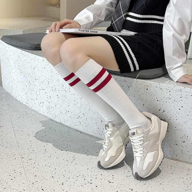 小腿袜袜子女秋冬款双针ins潮jk学院风二杠条纹长筒堆堆袜及膝袜