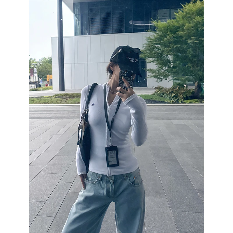 D YANGJUN 美式立领双拉链运动上衣女初秋新款长袖修身防晒衫外套