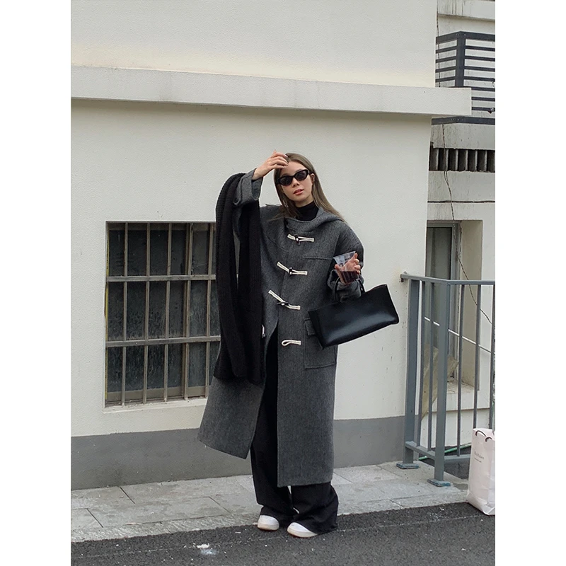 DYANGJUN 【大衣】人字纹牛角扣连帽大衣