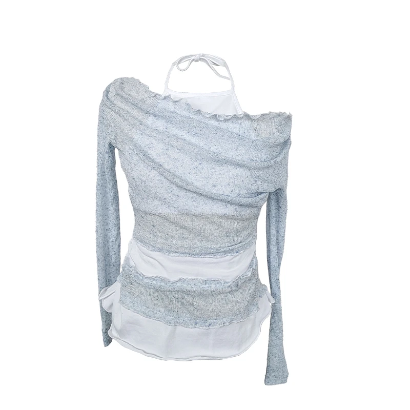 D YANGJUN夏季纯色圆领长袖微透罩衫t恤女甜酷流行上衣