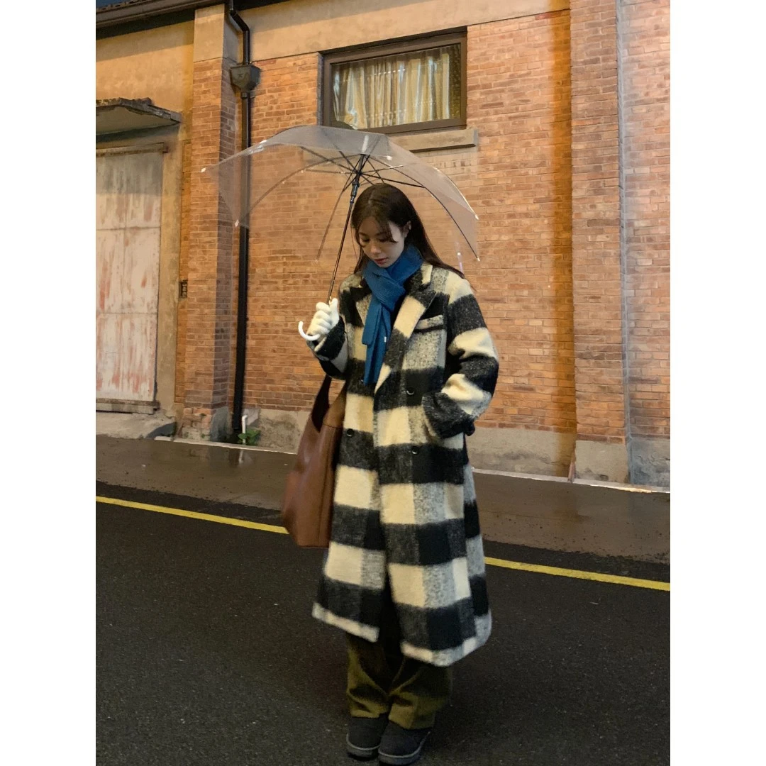 D YANGJUN【黑白格纹毛呢大衣女】秋冬韩版通勤宽松中长款外套