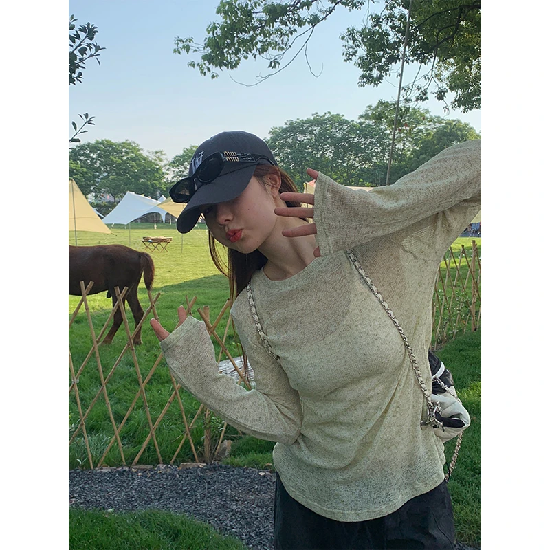 D YANGJUN打底防晒长款T恤女初秋款圆领美式宽松休闲复古长袖上衣