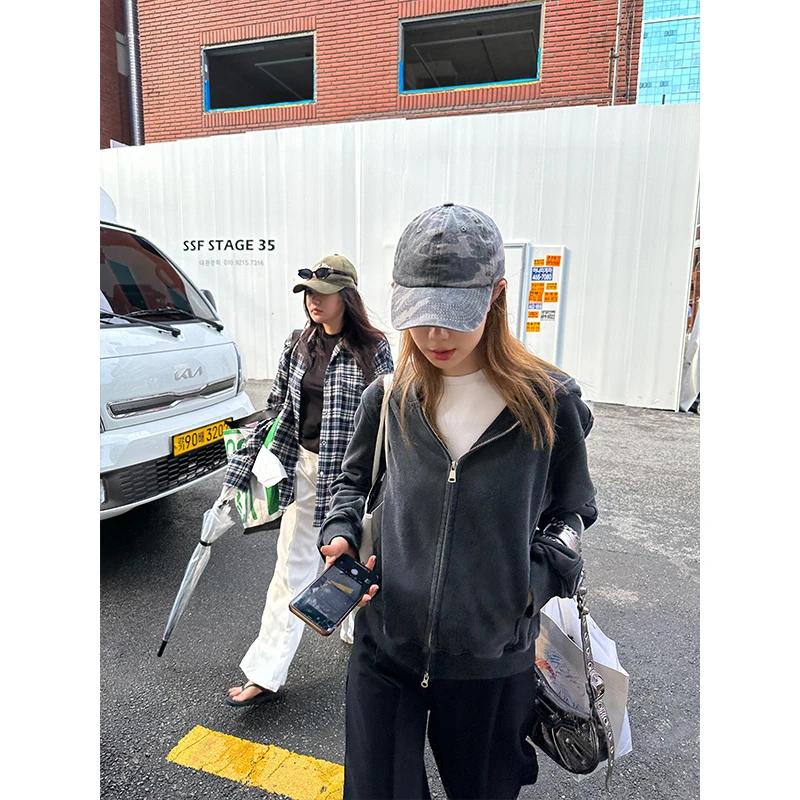 D YANGJUN 美式卫衣女2023新款爆款深灰色水洗做旧连帽秋冬外套女