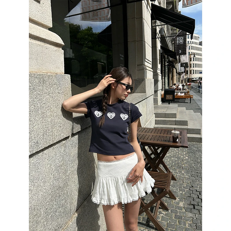 D YANGJUN 夏秋新款芭蕾风少女感白色蛋糕裙蕾丝边高腰短裙半身裙