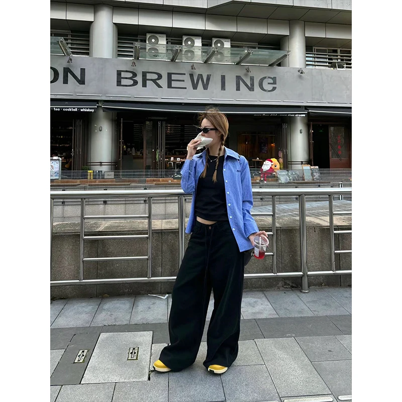 D YANGJUN 休闲慵懒感直筒牛仔裤2024初秋新款百搭阔腿裤高腰裤子