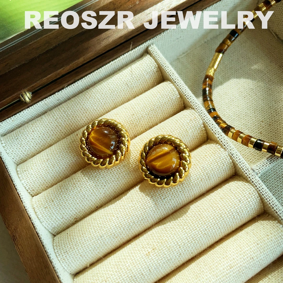 Reoszr/洛恣 铜合金耳饰 虎眼石耳环气质复古时尚彩宝耳圈