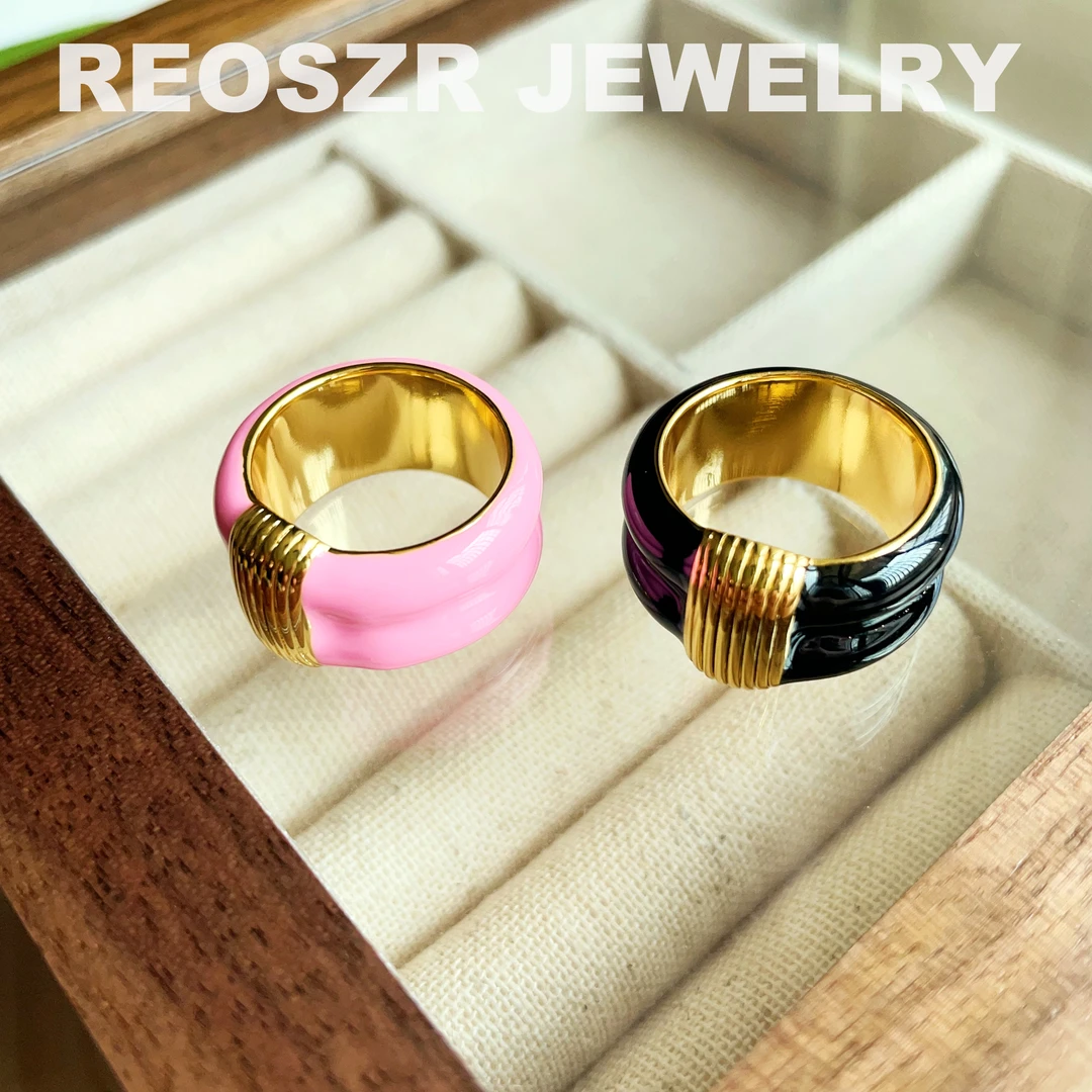 Reoszr/洛恣 铜合金戒指 AB家欧美复古珐琅彩戒指法式简约指环