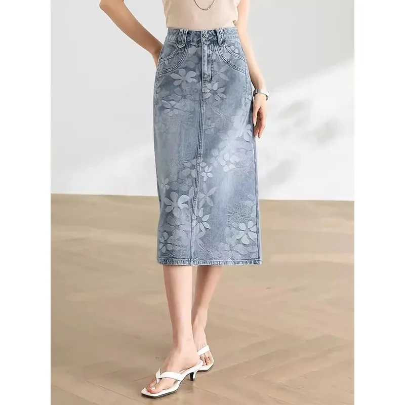 高级感艺术感提花牛仔半身裙女夏季高腰显瘦轻奢花朵图案中长款