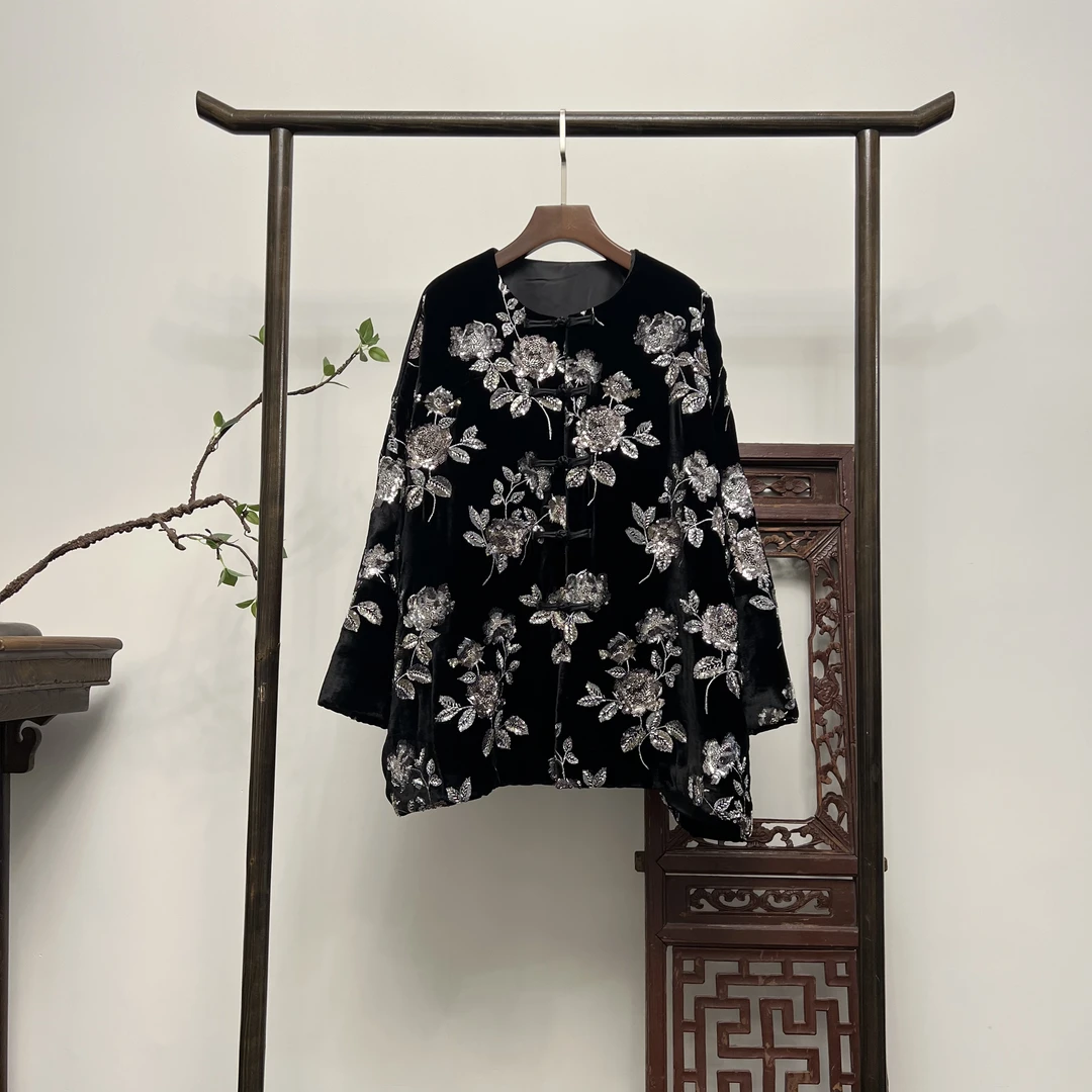 【虞美人】重工刺绣桑蚕丝丝绒秋冬加厚棉服新中式复古W50132