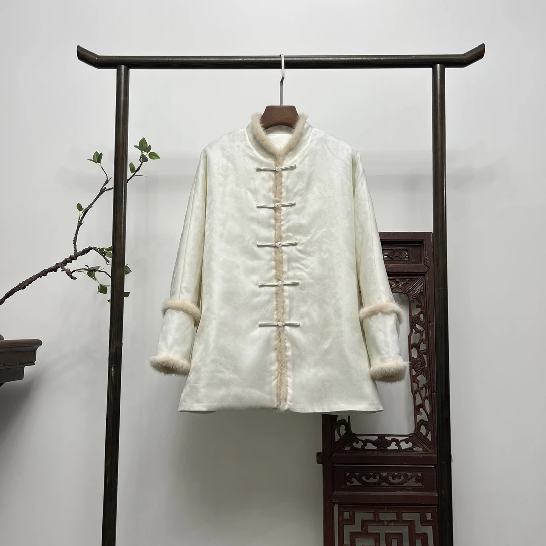 【梨花雪】新中式桑蚕丝貂毛夹棉加厚秋冬棉服外套W50137