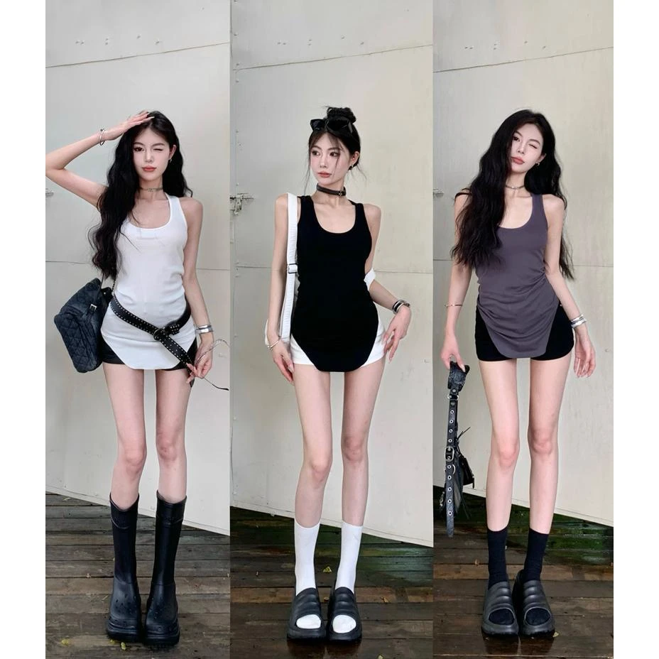 美式白色中长款工字背心吊带女夏季u型下摆修身无袖辣妹上衣外穿