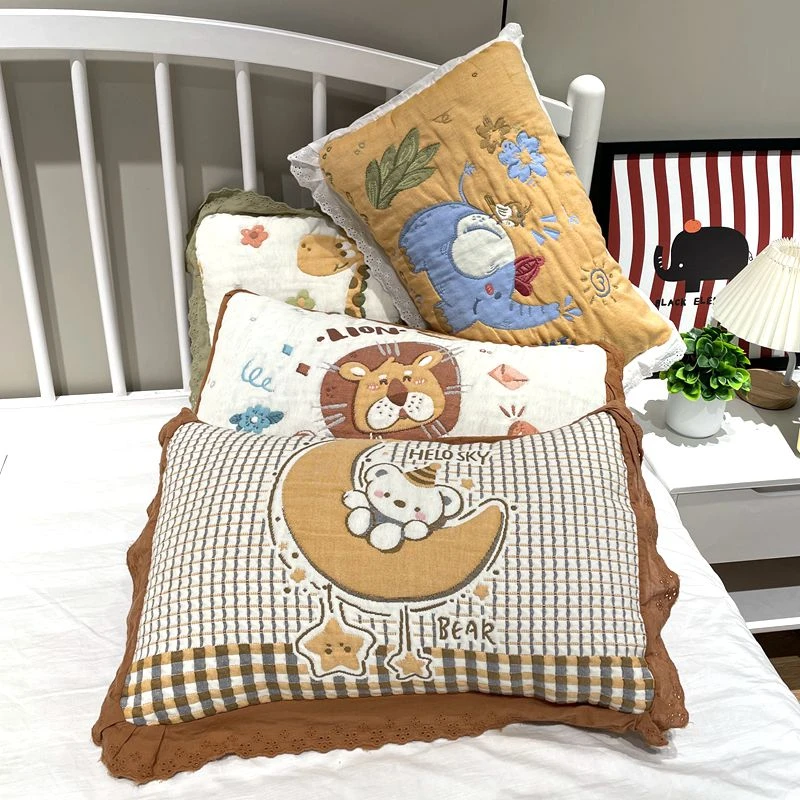 纯棉纱布花边枕套单条居家枕头套可爱卡通蓬松柔软全棉枕芯内胆套