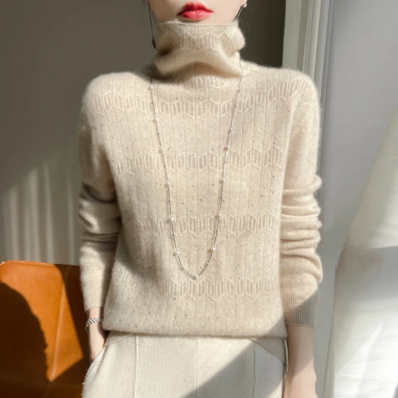 【一线成衣】软糯堆堆领羊毛衫全钻镂空针织百搭女士高领毛宽松