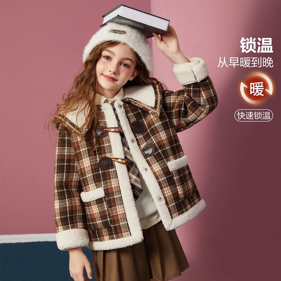 ASK JUNIOR外套新品儿童格子翻领加绒保暖小香风外套