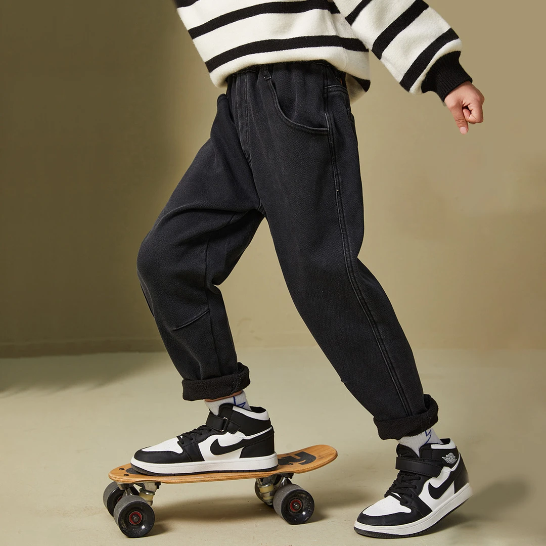 ASK JUNIOR男童裤子秋冬装加绒保暖直筒长裤儿童休闲牛仔裤