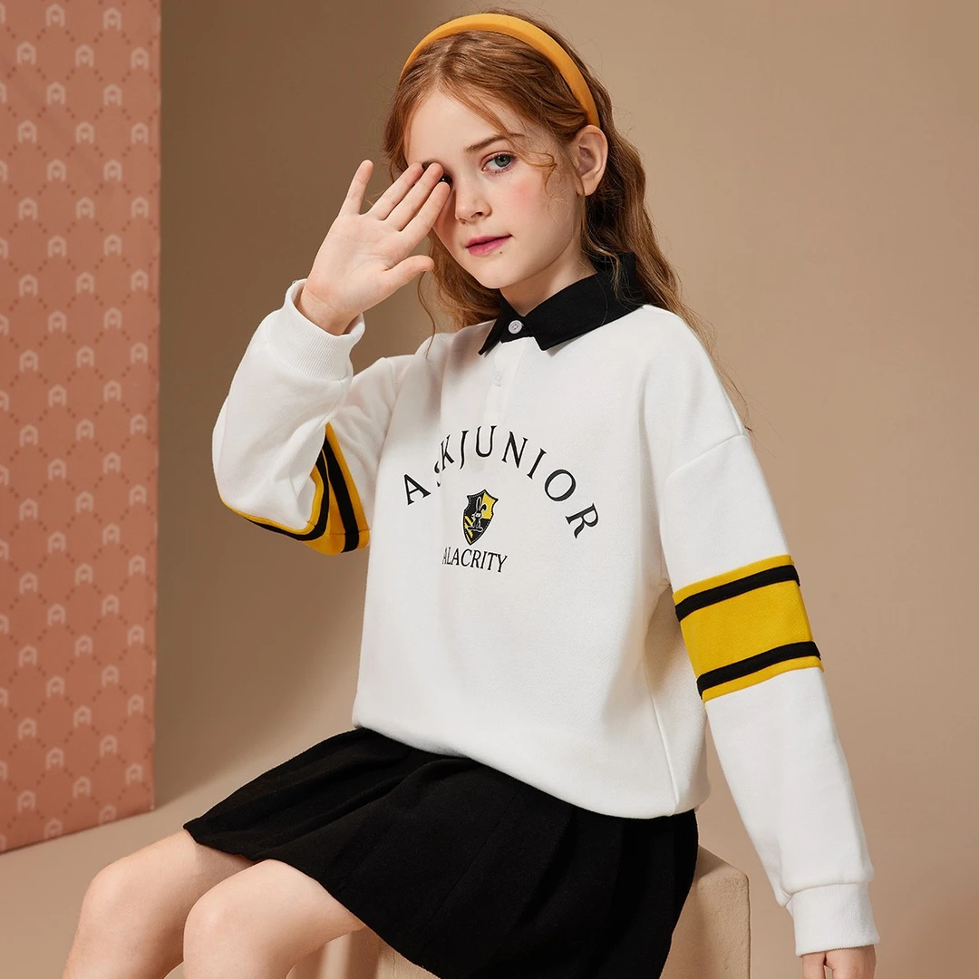 ASK JUNIOR女童卫衣2023秋时尚字母印花休闲翻领儿童卫衣