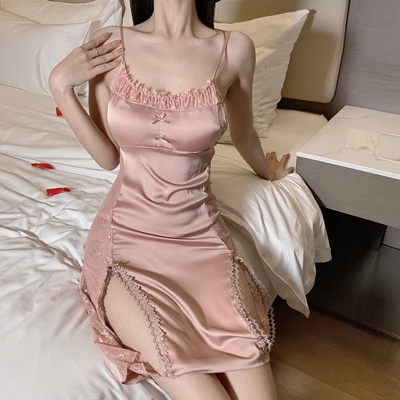 新款丝滑性感睡裙套装蕾丝拼接开衩睡裙高级感缎面吊带睡衣