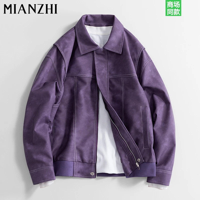 棉致潮牌美式复古翻领皮夹克男款春秋潮流宽松夹克休闲外套PU皮衣