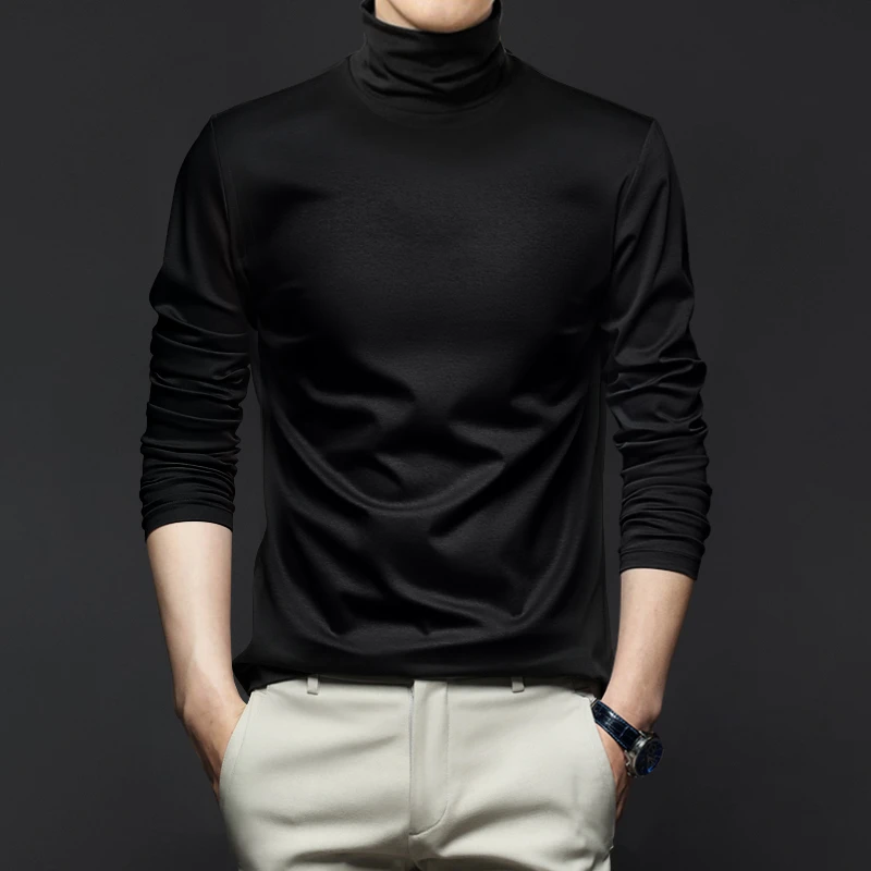 液氨丝光棉高领男士长袖T恤秋冬修身纯色堆堆领打底衫内搭上衣服