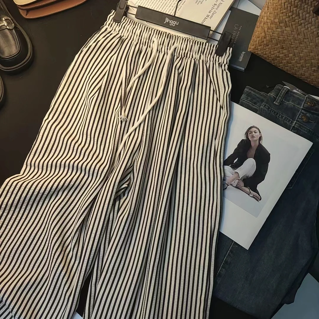 黑白竖条纹裤子女夏季薄款设计感高腰宽松休闲裤清凉慵懒风阔腿裤