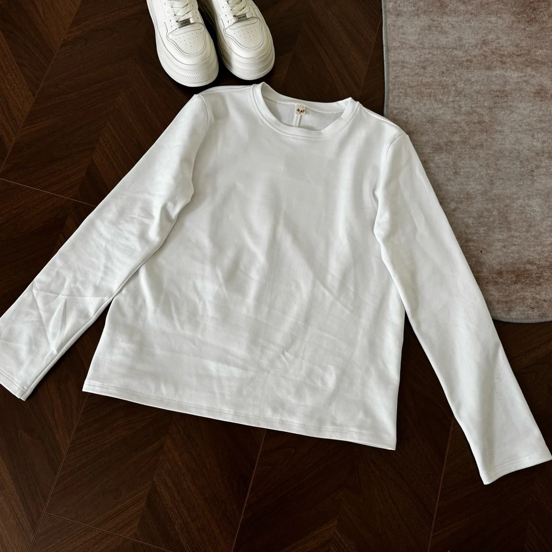 museguhui/木色古汇2457#长袖磨毛纯色白T简约时尚休闲百搭圆领