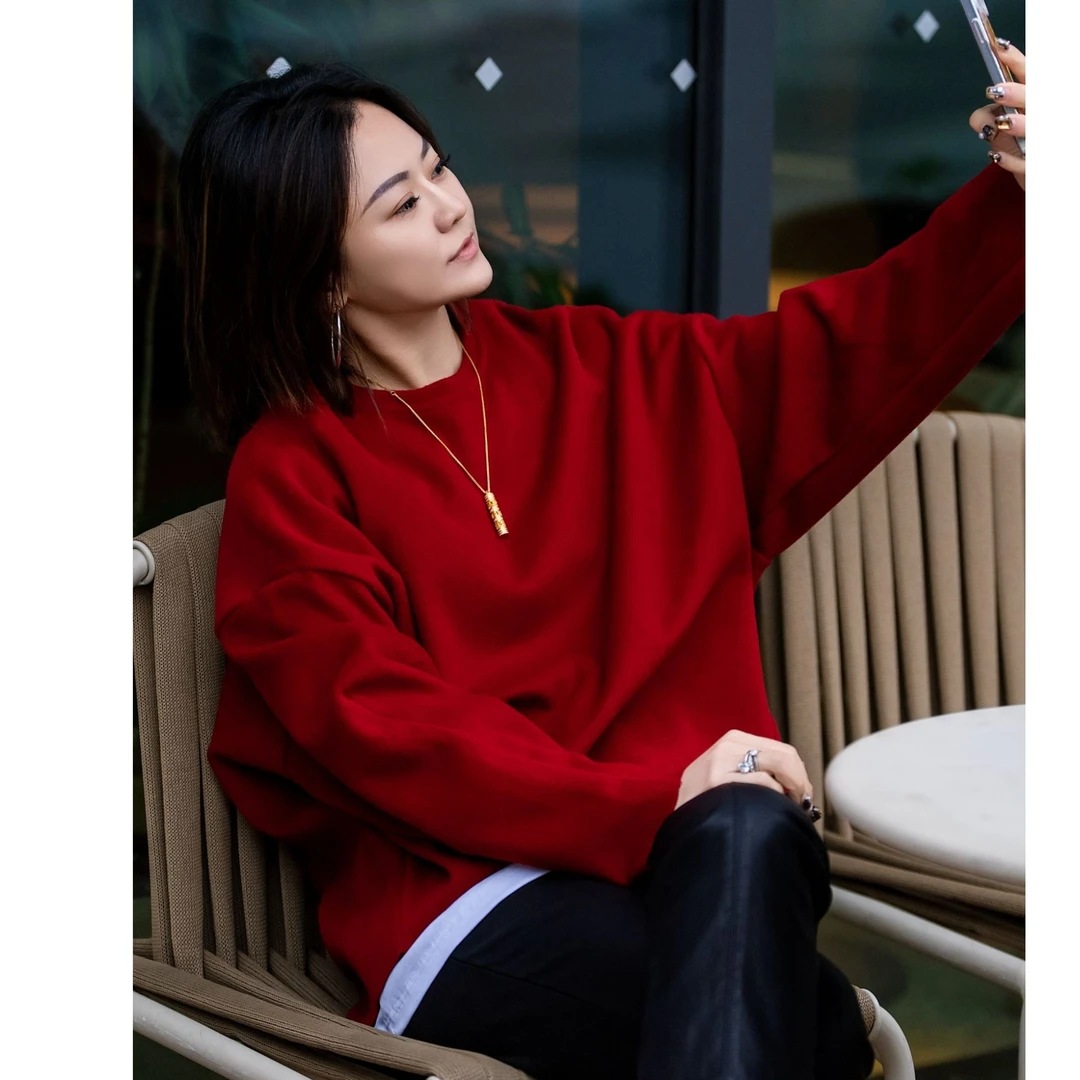 museguhui/木色古汇2460#上衣红色宽松圆领秋冬时尚百搭复古
