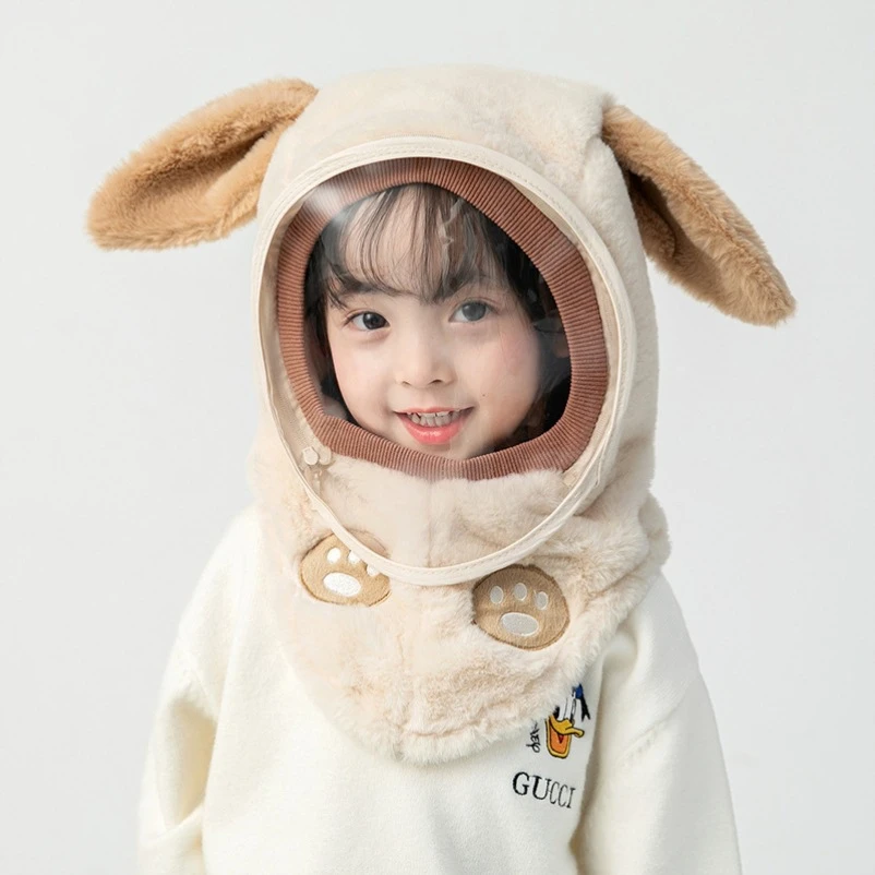 儿童帽子秋冬防风面罩男女童护耳一体套头帽挡风加厚保暖居家日用