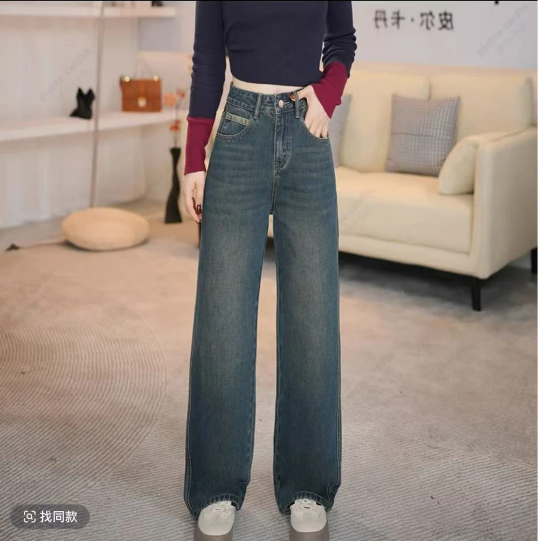 2310，时尚2024秋冬新款奥粒绒加绒加厚水洗复古软牛仔休闲直筒裤