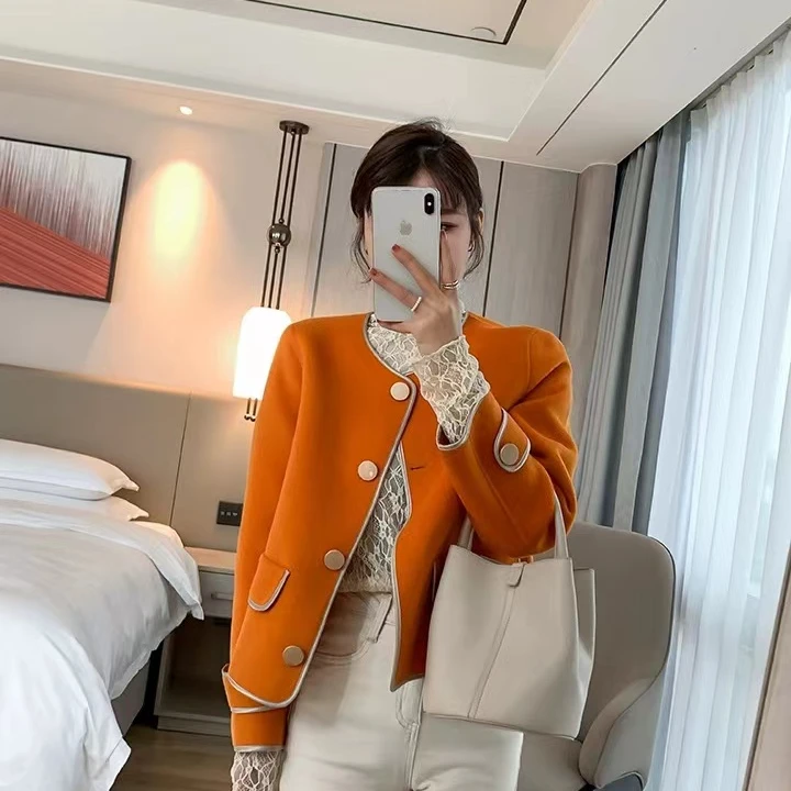 6859，【专柜正品-娅格】时尚2023秋冬气质轻奢小香风短款羊毛外套