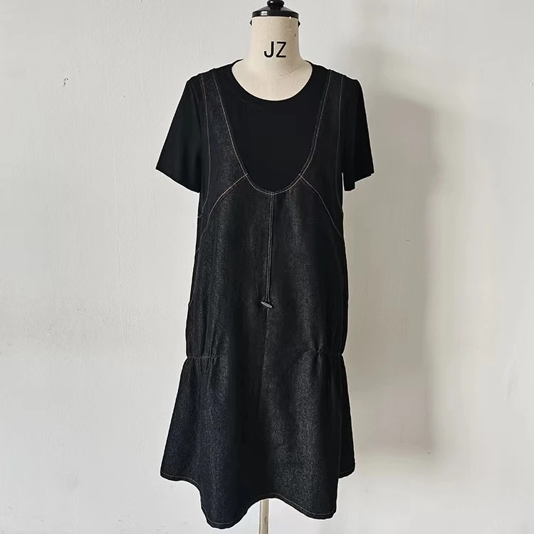 S023，【商场撤柜】时尚2023夏季新款休闲显瘦圆领韩版假两件牛仔裙