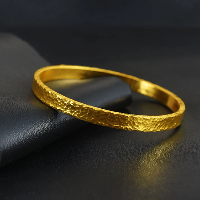 宝创黄金手镯男女足金999实心锤纹亮面闭口手环简约手工复古送礼