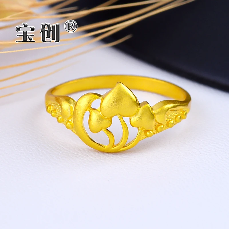 Baochuang/宝创足金999古法爱心戒指镂空3D硬金浪漫女黄金女戒