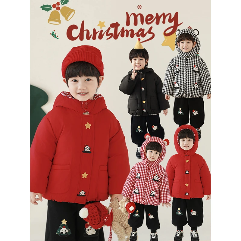 幼悠男童圣诞熊猫连帽棉服冬季时尚两面穿儿童圣诞节外套潮N5654