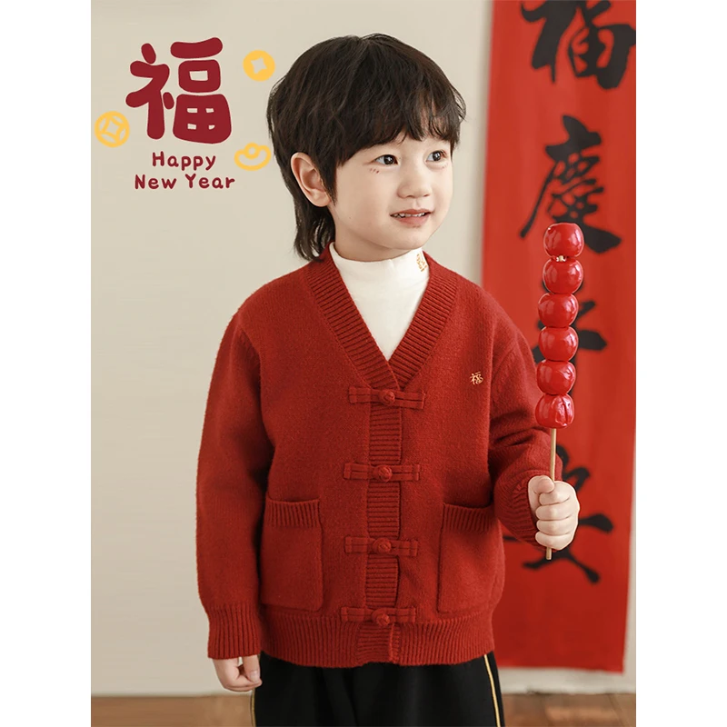 YOEHYAUL/幼悠冬四波套头针织衫休闲红色加厚新年毛衣童装N5543-1