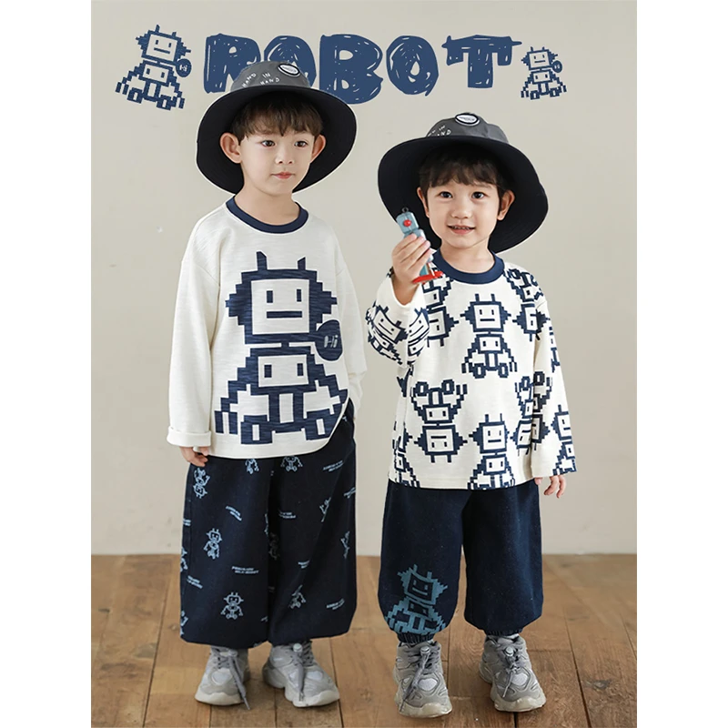 幼悠男童 秋一波 秋款白色休闲圆领休闲时尚复古潮流长袖T恤N5002