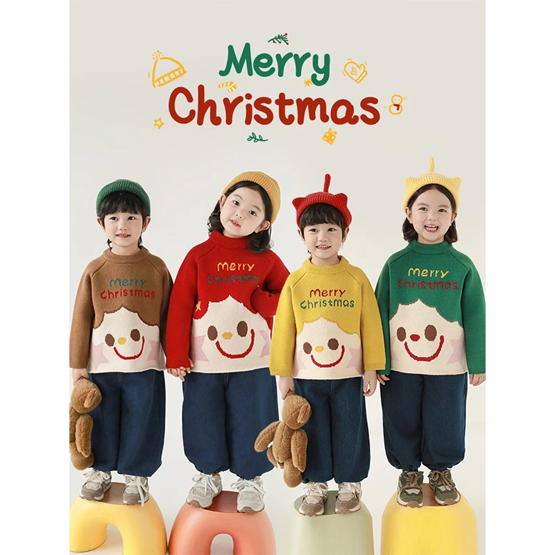 YOEHYAUL/幼悠冬四波洋气男童加绒套头笑脸卡通圆领毛衣 N5620