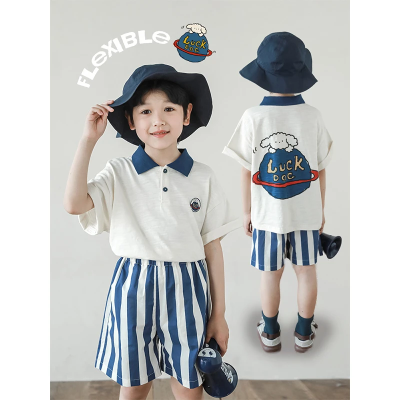 幼悠男童卡通休闲polo领上衣夏季洋气儿童薄款短袖翻领T恤潮N5455
