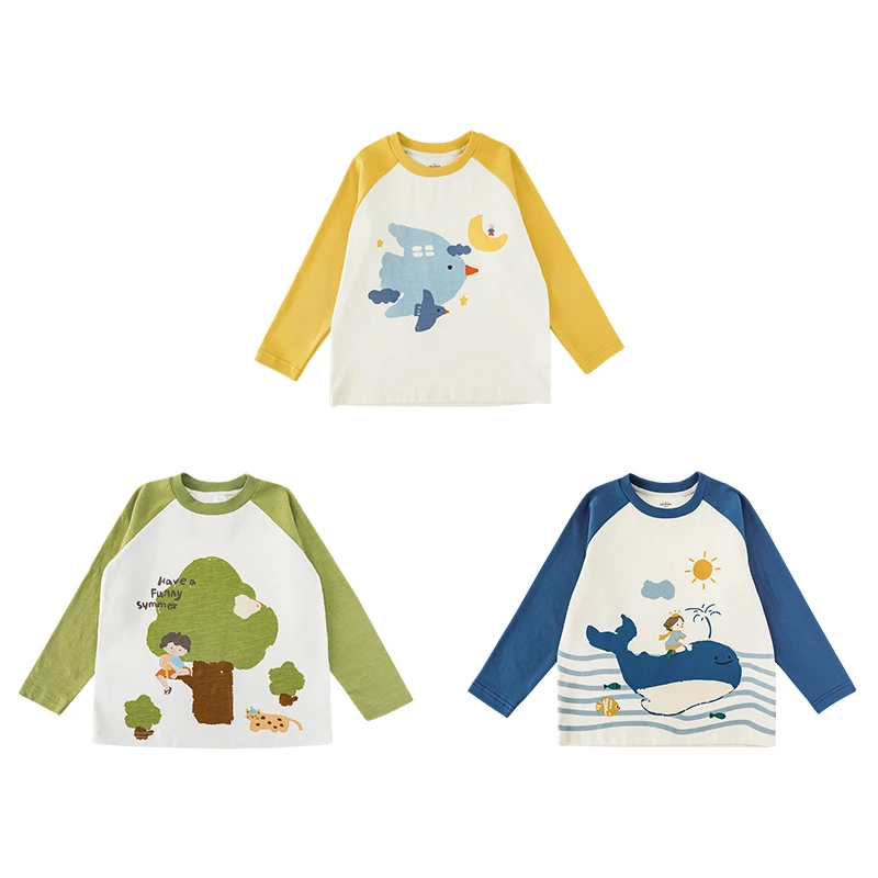 幼悠【缤纷卡通】秋一波 休闲圆领潮流撞色休闲长袖T恤 淸 WN0012