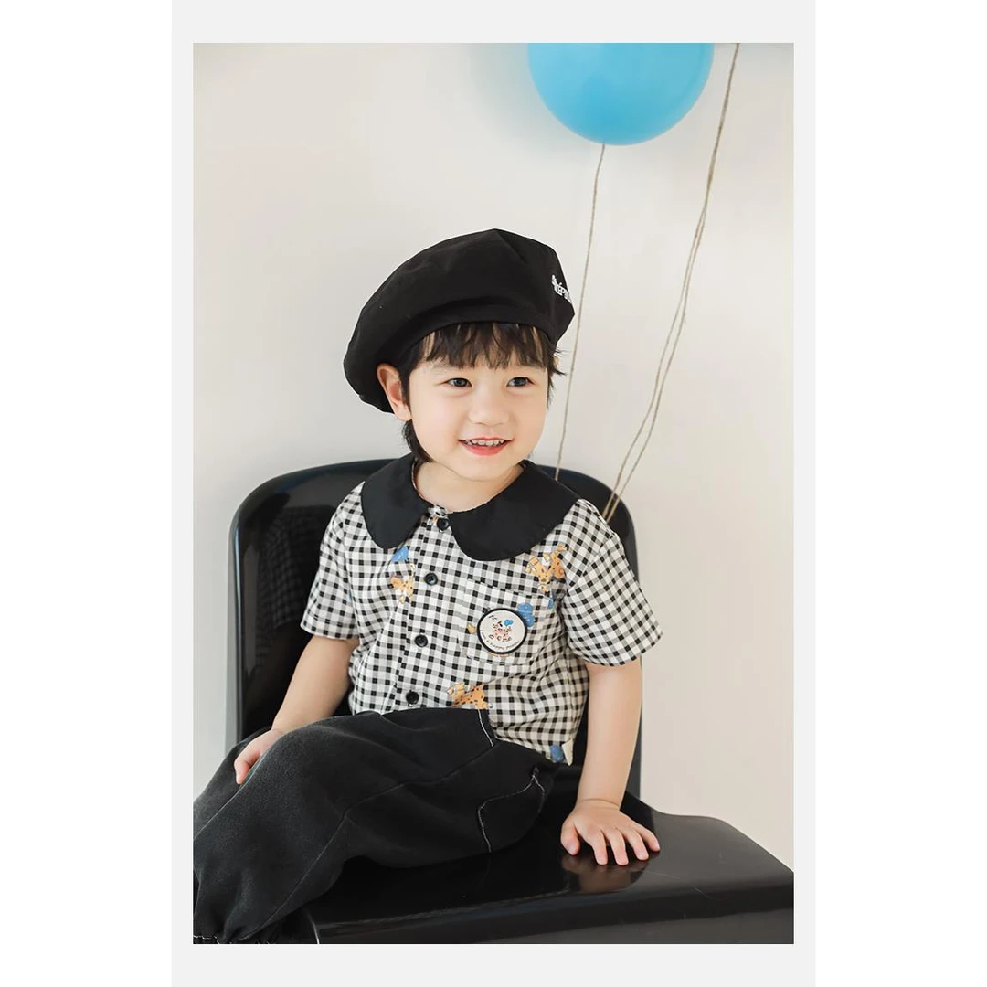 淸  幼悠【欢乐狗狗】夏三波儿童时尚上衣男童百搭格子衬衫 N4959