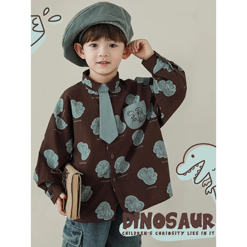 YOEHYAUL/幼悠【史前萌兽】秋三波男童印花复古美式长袖衬衫N5346